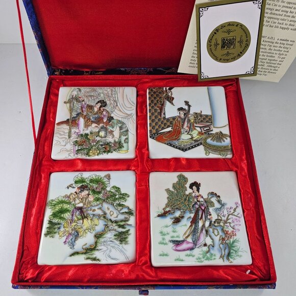 Yi Lin Arts & Treasures Ceramic Tile Coasters Four Maidens Of Beauty Brocade Box - Picture 6 of 9